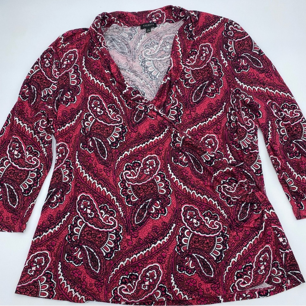 Talbots Faux Wrap Top Rayon and Lyocell Blend Paisley Red & Black XL‎